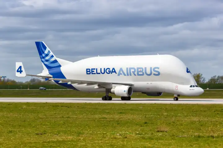 Hamburg, Germany, 21 April 2021: A Airbus Beluga Super Transporter A300B4, 608ST with the license plate F, GSTD at the airport Hamburg Finkenwerder (XFW) in Germany
