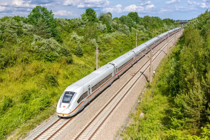 12 June 2021: XXL, ICE 4 Zug der Deutsche Bahn DB on the new line NBS Mannheim, Stuttgart in Germany