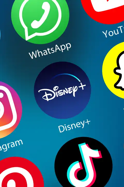 Disney, Disney Plus Films Videos Streaming Logo Icon in Internet Background Portrait in Germany