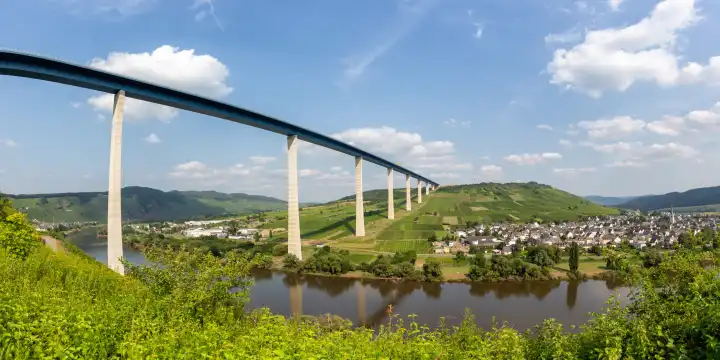 Zeltingen, Germany, 23 July 2021: Hochmoselbrücke bridge over river Moselle panorama in Zeltingen, Germany