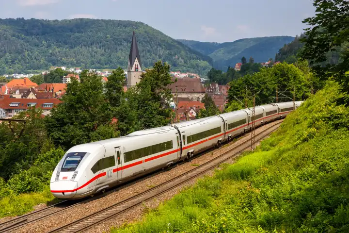 Geislingen, Germany - July 21, 2021: Deutsche Bahn ICE 4 train on Geislinger Steige near Geislingen, Germany.