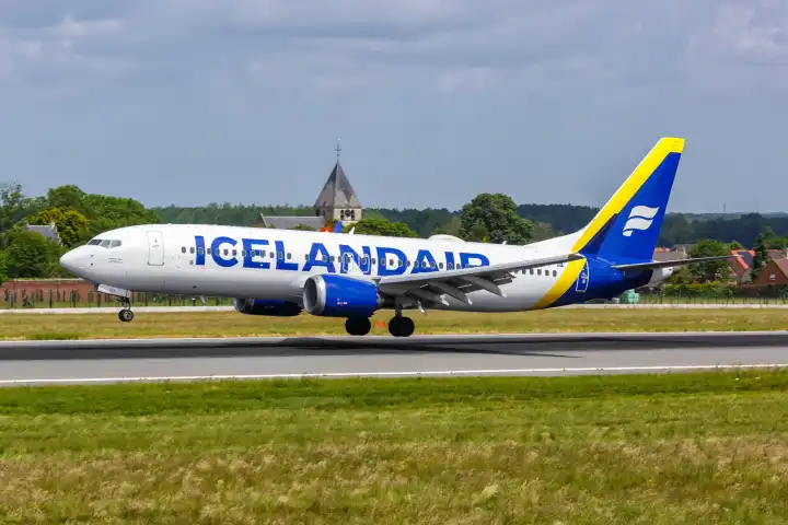 Brussels, Belgium - May 21, 2022: A Boeing 737 MAX 8 aircraft of Icelandair with registration TF-ICY at Brussels Airport (BRU) in Belgium.
