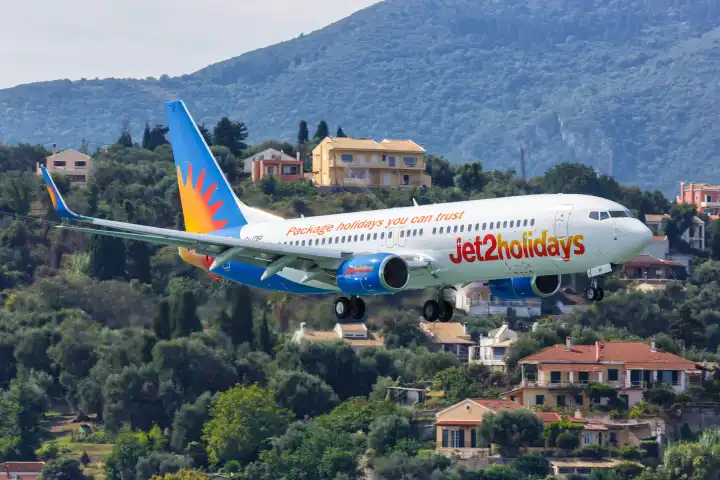 Corfu, Greece - Sept. 19, 2020: a Jet2 Boeing 737-800 with registration G-JZBO at Corfu Airport (CFU) in Greece.
