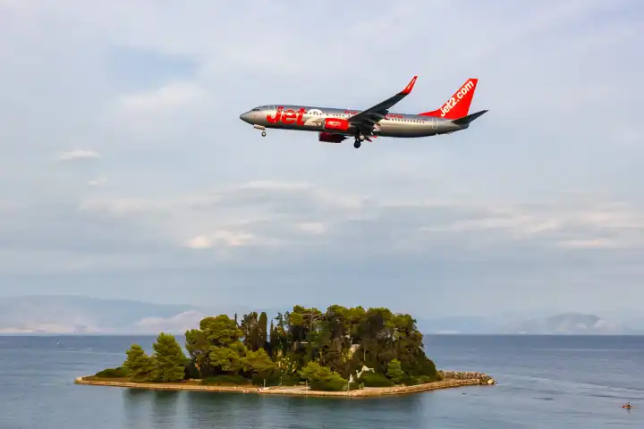Corfu, Greece - Sept. 19, 2020: a Jet2 Boeing 737-800 with registration G-JZHW at Corfu Airport (CFU) in Greece.
