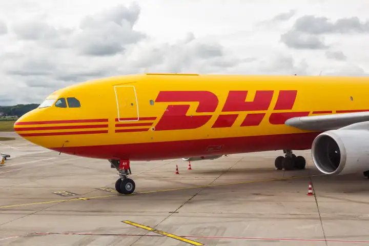 Mulhouse, France - September 20, 2021: A DHL European Air Transport Airbus A300-600F aircraft with registration D-AEAH at EuroAirport (EAP) airport in Mulhouse, France.