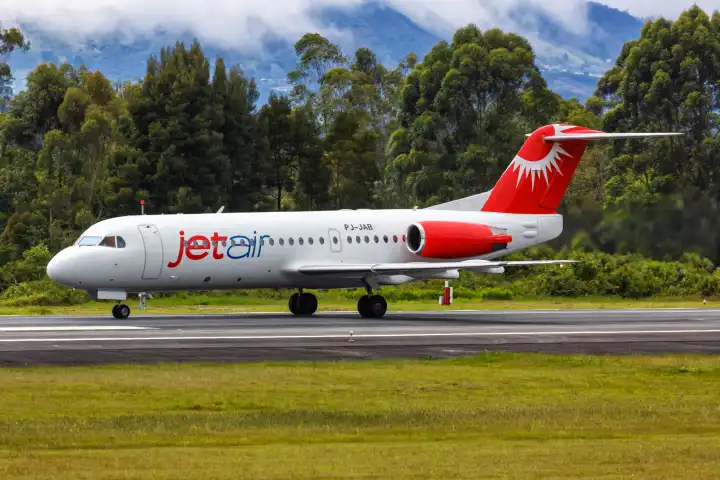 Medellin, Colombia - April 19, 2022: A Jetair Fokker 70 aircraft with registration PJ-JAB at Medellin Rionegro Airport (MDE) in Colombia.