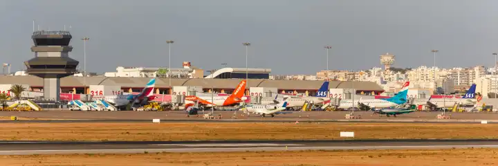 Faro, Portugal - September 25, 2021: Aircraft at Faro Airport (FAO) in Portugal.