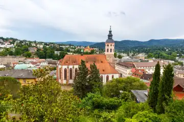 Baden-Baden, Germany - June 30, 2022: View of city Baden-Baden in Black Forest with church in Baden-Baden, Germany.