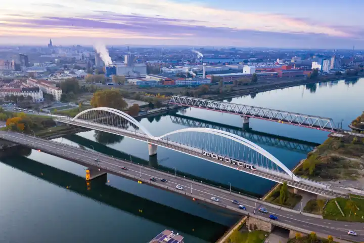 Kehl, Germany - October 29, 2021: bridges bridge over river Rhine between Germany and France aerial view in Kehl, Germany.