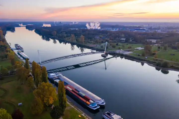 Kehl, Germany - October 29, 2021: Bridge of two banks over river Rhine between Germany and France aerial view in Kehl, Germany.