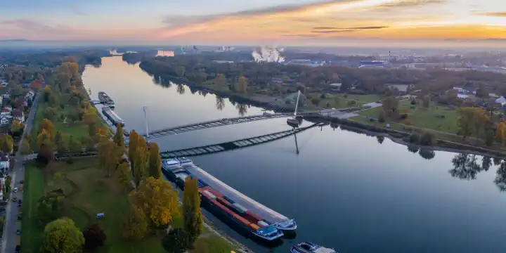 Kehl, Germany - October 29, 2021: Bridge of two banks over river Rhine between Germany and France aerial panorama in Kehl, Germany.