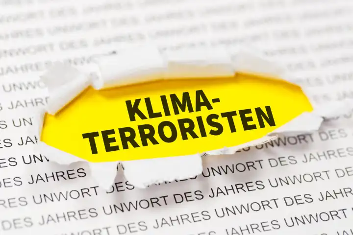 Stuttgart, Germany - January 8, 2023: Climate terrorists as a derogatory term for climate activists as the Unword of the Year concept in Stuttgart, Germany.