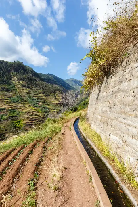 Madeira, Portugal - 14. September 2022: Wanderweg entlang der Levada Nova Hochformat Wanderung wandern auf der Insel Madeira, Portugal.