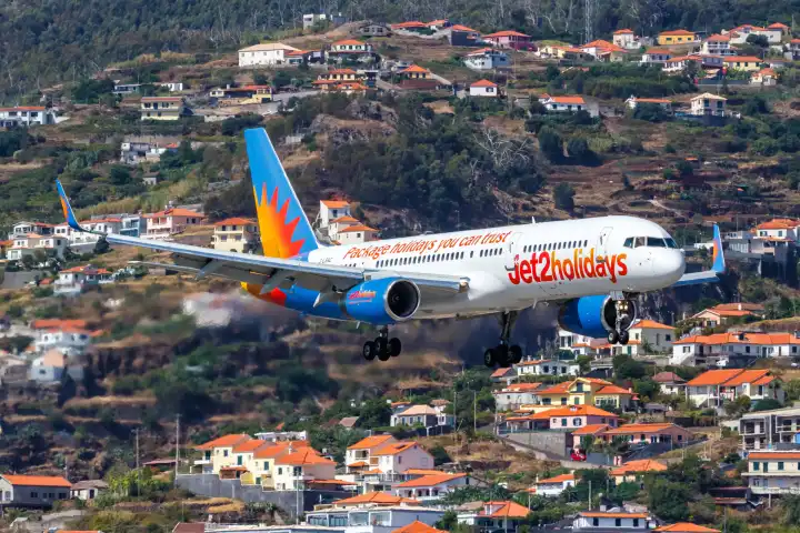 Funchal, Portugal - September 16, 2022: A Jet2 Boeing 757-200 aircraft with registration G-LSAC at Funchal Airport (FNC) in Portugal.