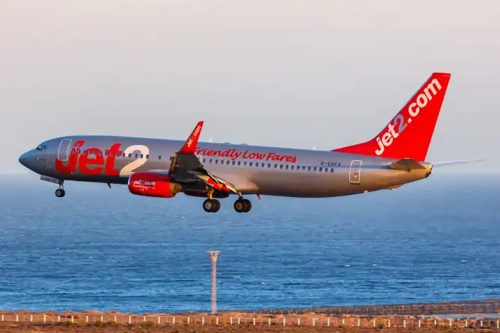 Tenerife, Spain - September 22, 2022: A Jet2 Boeing 737-800 aircraft with registration G-GDFS at Tenerife Airport (TFS) in Spain.