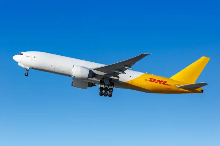 Los Angeles, USA - November 3, 2022: A DHL Polar Air Cargo Boeing 777-F aircraft with registration number N775SA at Los Angeles Airport (LAX) in the United States.