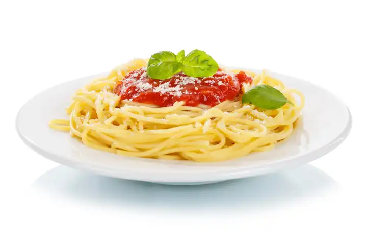 Stuttgart, Germany - April 3, 2023: Spaghetti exempt isolated eat Italian pasta lunch dish with tomato sauce in Stuttgart, Germany.