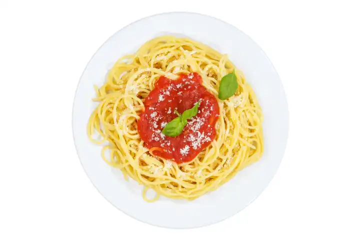 Stuttgart, Germany - April 3, 2023: Spaghetti cutout isolated from above eating Italian pasta lunch dish with tomato sauce in Stuttgart, Germany.
