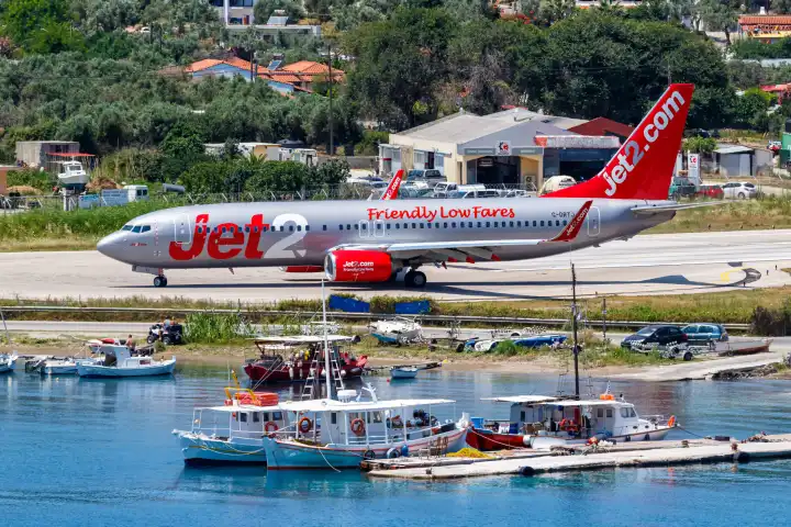 Skiathos, Greece - June 28, 2023: A Jet2 Boeing 737-800 aircraft with registration G-DRTJ at Skiathos Airport (JSI) in Greece.