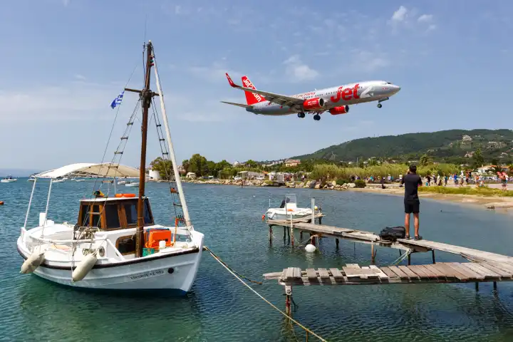 Skiathos, Greece - June 25, 2023: A Jet2 Boeing 737-800 aircraft with registration G-JZBL at Skiathos Airport (JSI) in Greece.