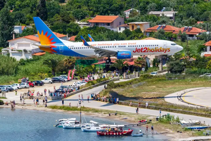 Skiathos, Greece - June 30, 2023: A Jet2 Boeing 737-800 aircraft with registration G-JZHU at Skiathos Airport (JSI) in Greece.