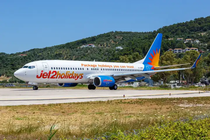 Skiathos, Greece - June 24, 2023: A Jet2 Boeing 737-800 aircraft with registration G-JZBP at Skiathos Airport (JSI) in Greece.