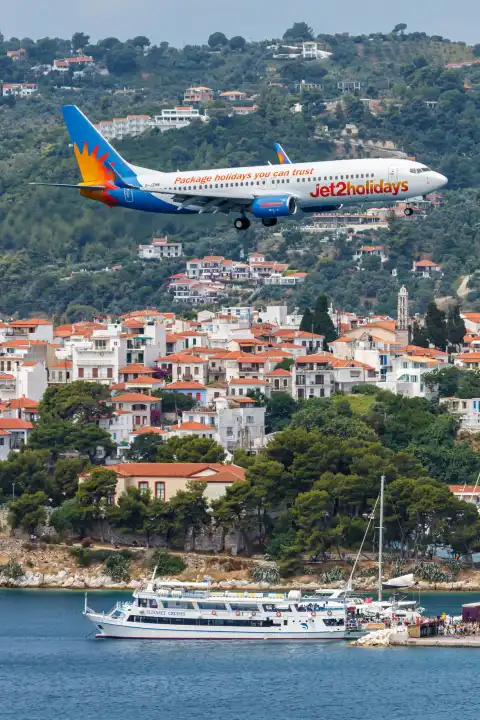 Skiathos, Greece - June 29, 2023: A Jet2 Boeing 737-800 aircraft with registration G-JZHN at Skiathos Airport (JSI) in Greece.
