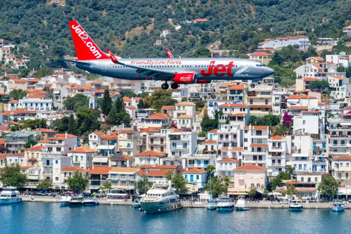 Skiathos, Greece - June 28, 2023: A Jet2 Boeing 737-800 aircraft with registration G-JZHV at Skiathos Airport (JSI) in Greece.