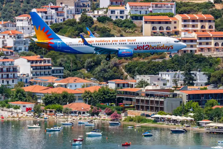 Skiathos, Greece - June 28, 2023: A Jet2 Boeing 737-800 aircraft with registration G-JZHL at Skiathos Airport (JSI) in Greece.