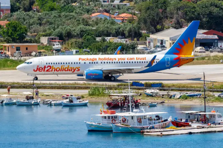 Skiathos, Greece - June 28, 2023: A Jet2 Boeing 737-800 aircraft with registration G-JZHL at Skiathos Airport (JSI) in Greece.