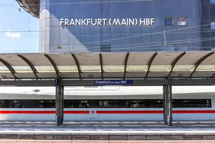 Frankfurt, Germany - July 18, 2023: ICE train high speed train of DB Deutsche Bahn in Frankfurt main station, Germany.
