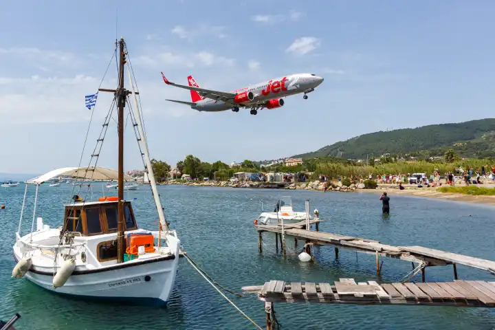 Skiathos, Greece - June 25, 2023: A Jet2 Boeing 737-800 aircraft with the registration G-JZBU at Skiathos Airport (JSI) in Greece.