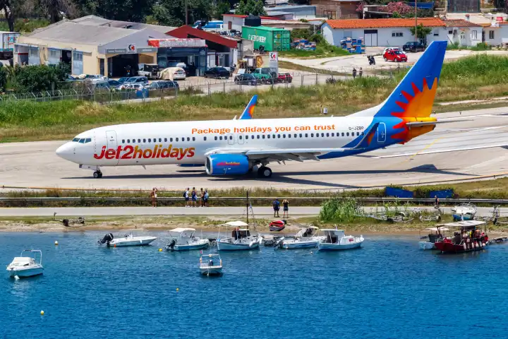 Skiathos, Greece - June 30, 2023: A Jet2 Boeing 737-800 aircraft with the registration G-JZBP at Skiathos Airport (JSI) in Greece.