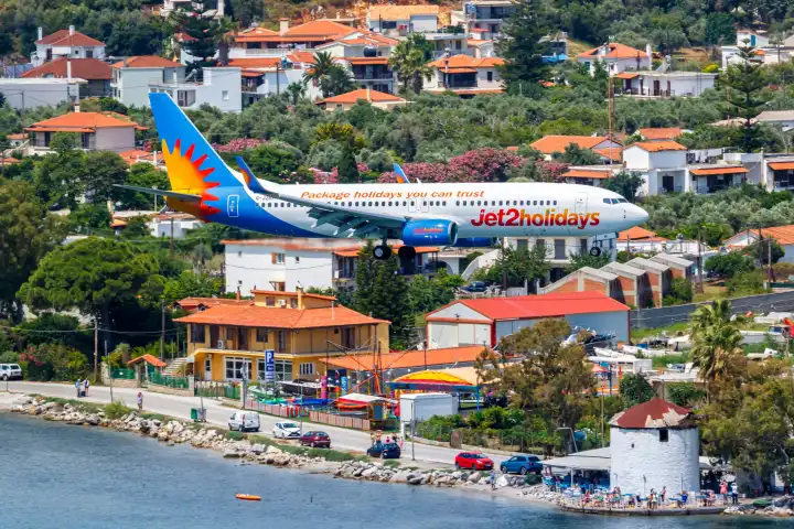 Skiathos, Greece - June 30, 2023: A Boeing 737-800 Jet2 aircraft with the registration G-JZBP at Skiathos Airport (JSI) in Greece.