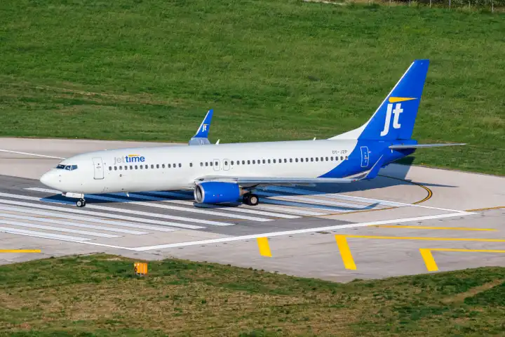 Split, Croatia - May 27, 2023: A Boeing 737-800 Jettime aircraft with the registration OY-JZP at Split Airport (SPU) in Croatia.