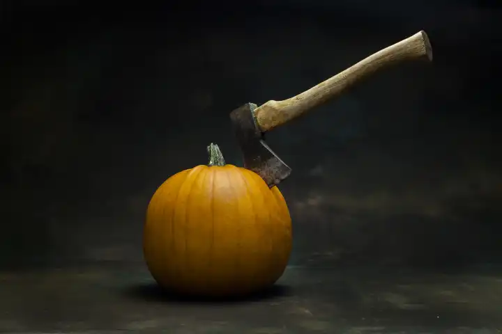Halloween pumkin with axe, dark setting, studio shot