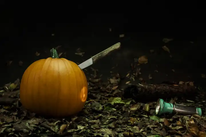 Halloween pumpkin with knife and torch, studio shot
