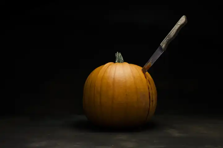 Kürbis mit blutigem Messer, Halloween, Studioaufnahme