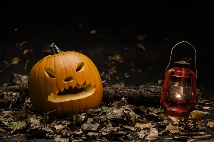 Helloween pumpkin and lantern on forest floor, studioshot