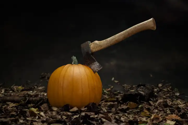 Pumpkin on dark forest floor with an ax .Dark atmosphere,Studio shot