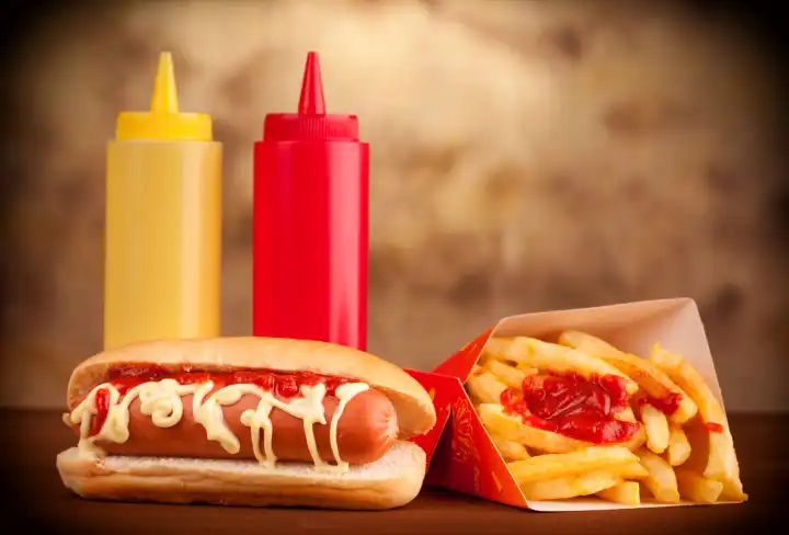Fresh and tasty hot dog with fried potatoes on wooden table