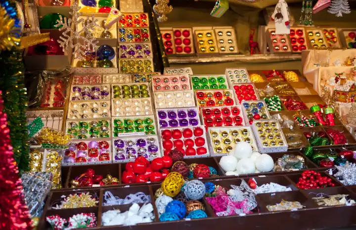Decorations for sale in Christmas market, Munich, Germany