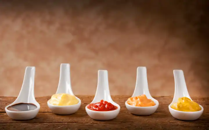 Sauces mixed in the ceramic spoons on wooden table