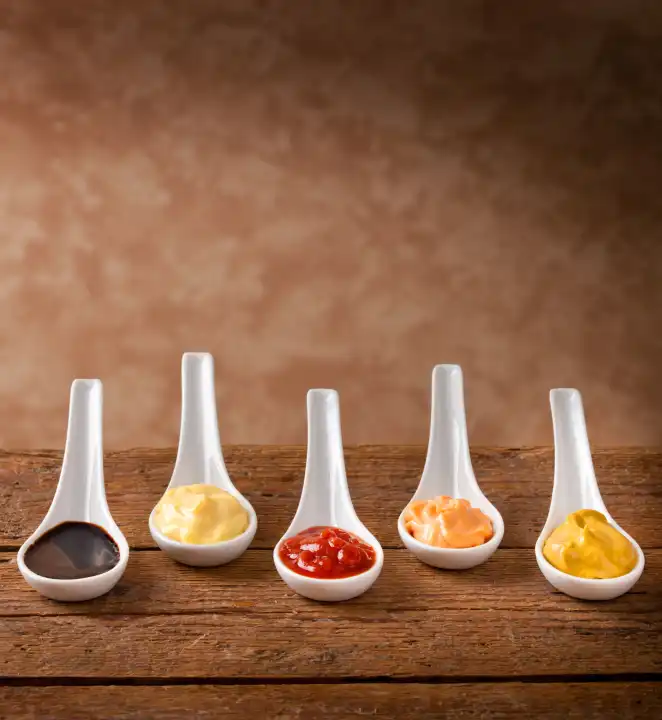 Sauces mixed in the ceramic spoons on wooden table