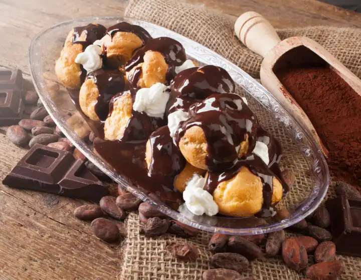 Chocolate profitteroles with cream, cocoa powder, cocoa beans and pieces of chocolate