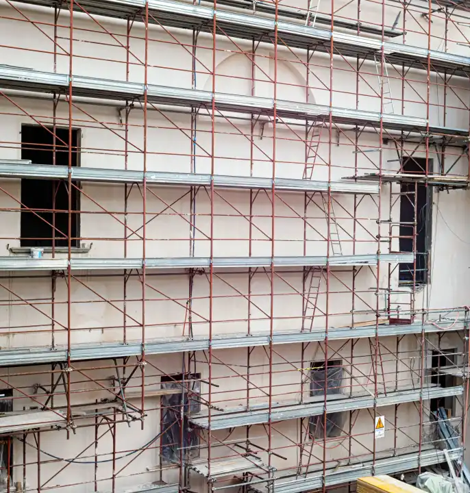 Scaffolding installed on a building under renovation.