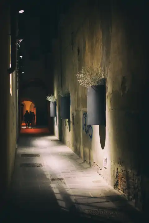 Night photo of a city alley with young teenagers in the darkness.