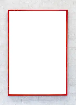 Empty painting with red frame on gray and modern wall. Vertical orientation.