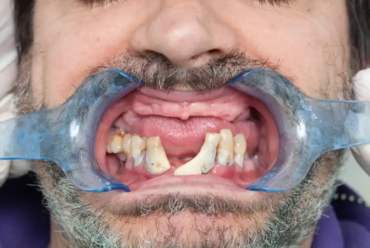 Rotten teeth during inspection with retractor for dental implant design.