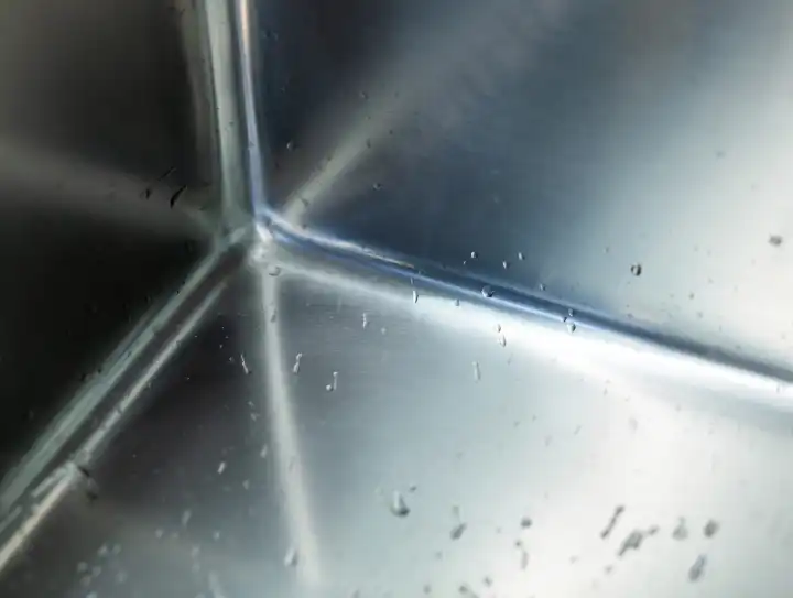 Detail mit selektivem Fokus in der Ecke einer Edelstahl-Küchenspüle mit Wassertropfen.
